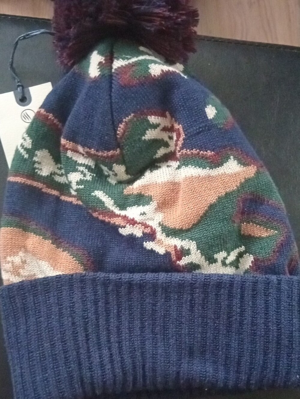 United By Blue Camo Pom Beanie in Navy, Green & Tan - Picture 3 of 5